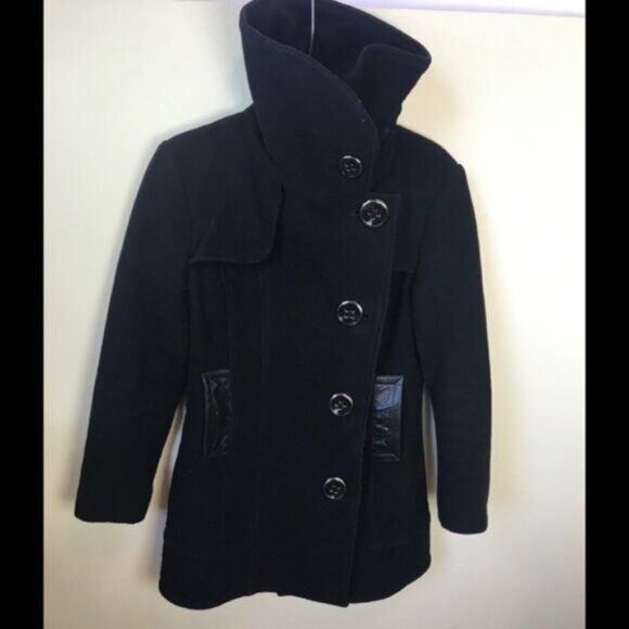 Mackage Wool Leather Fitted Car Coat Large Collar Pockets Wool Pea Coat Jacket - Picture 5 of 16